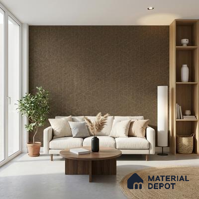 Scandinavian living room with geometric brown wallpaper, light wood shelving, and beige fabric sofa