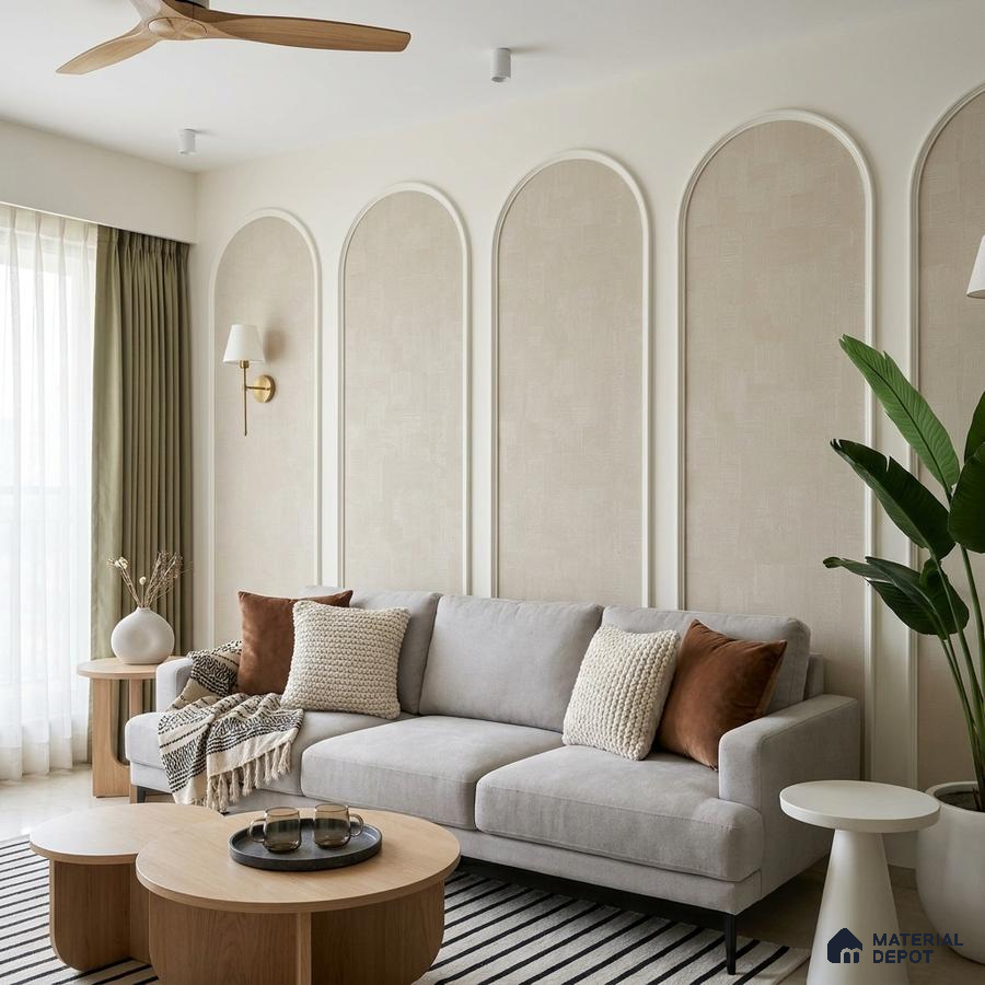 Scandinavian living room with beige textured wall panels and light oak coffee tables