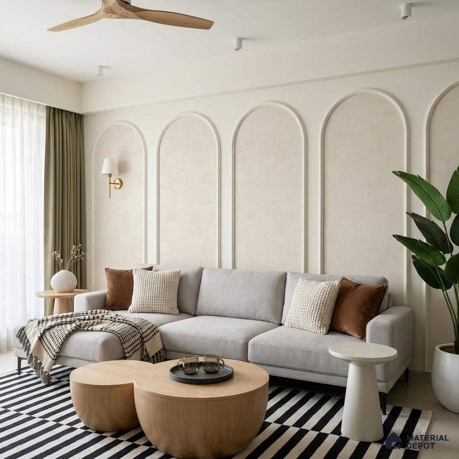 Scandinavian living room with beige textured wall panels and light oak coffee tables