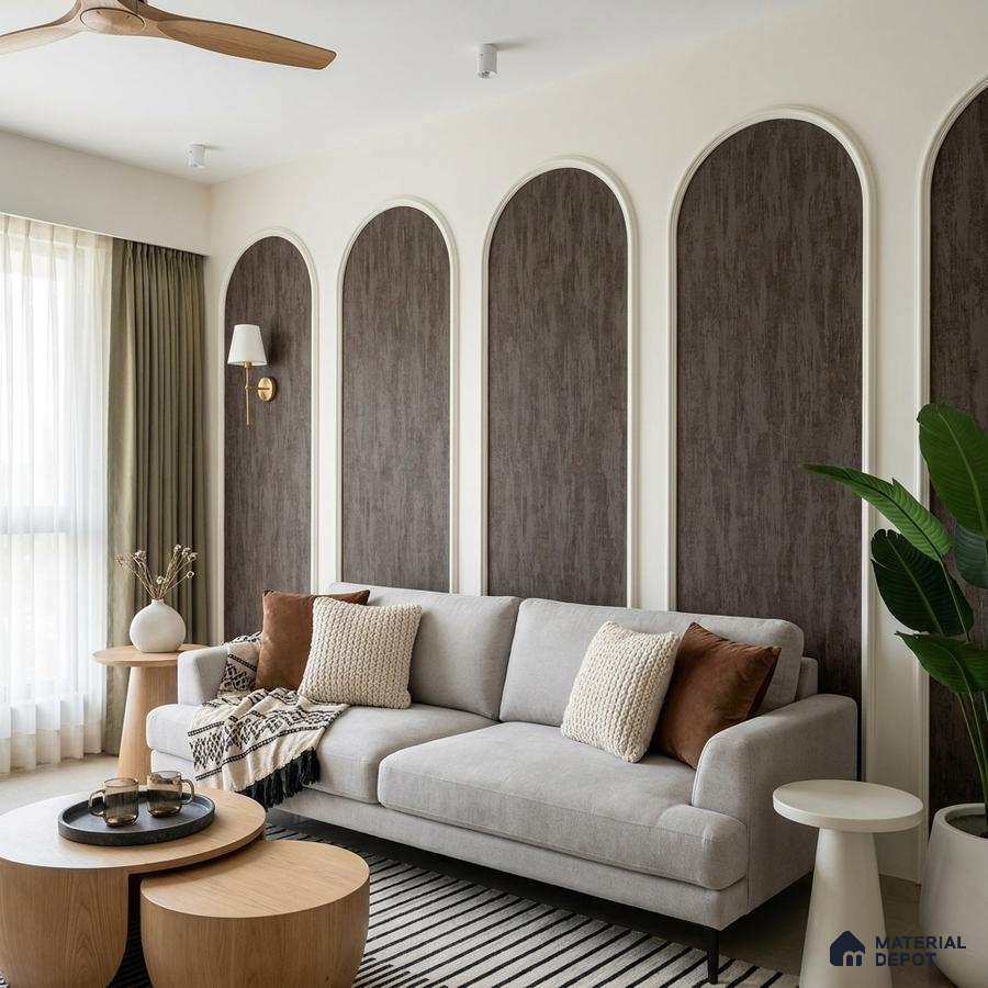 Scandinavian living room with textured brown wall panels and light wood coffee tables