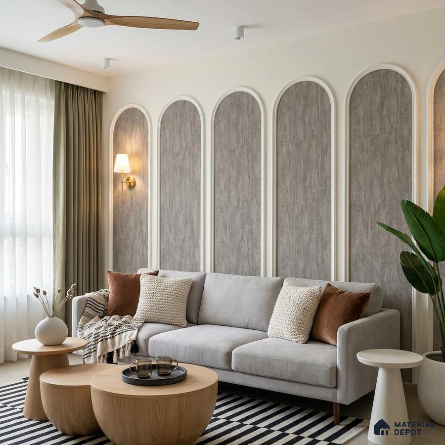 Scandinavian living room with grey textured wallpaper, light wood coffee tables, and striped rug