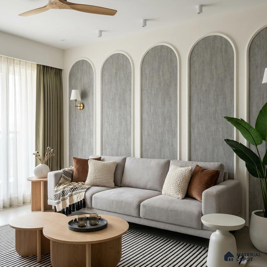 Scandinavian living room with grey textured wallpaper panels and light oak coffee tables