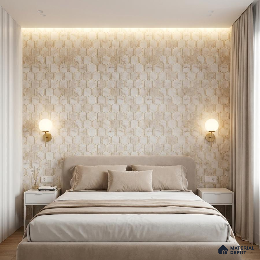 Minimalist bedroom with beige geometric wallpaper and suede upholstered bed