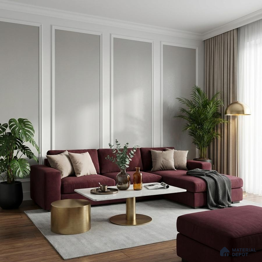 Modern living room with burgundy suede sofa, white panelled wall, and gold accent tables