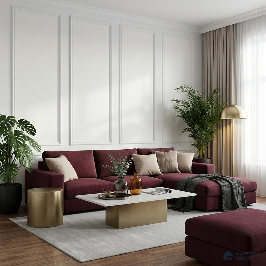 Modern living room with burgundy velvet sofa, white panelled wall, and brass accents