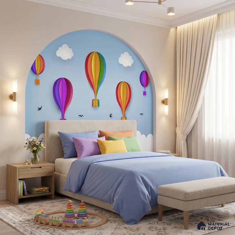Modern kids room with pastel wall mural, light wood furniture, and playful decor