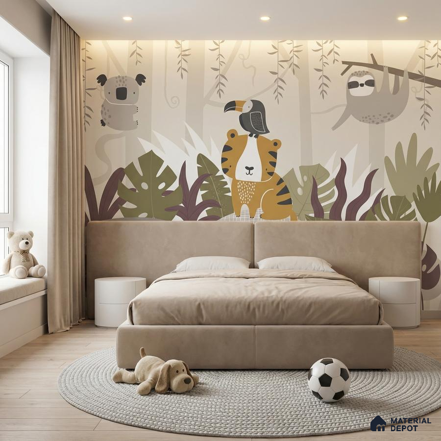 Scandinavian kids room with animal jungle wallpaper and beige suede upholstered bed