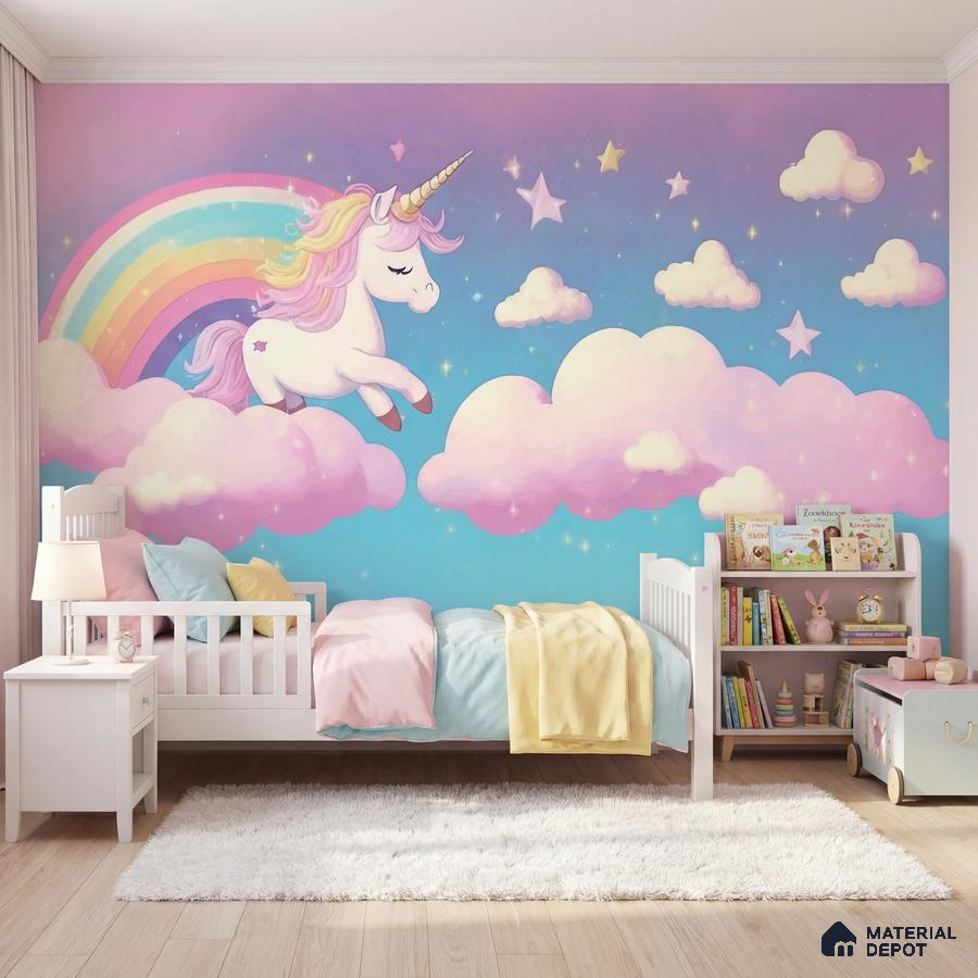 Eclectic kids room with unicorn rainbow mural wallpaper and light wood flooring