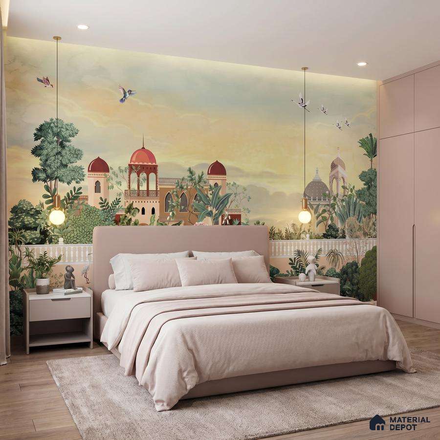 Art Deco bedroom with Indian mural wallpaper, blush pink wardrobe, and upholstered bed