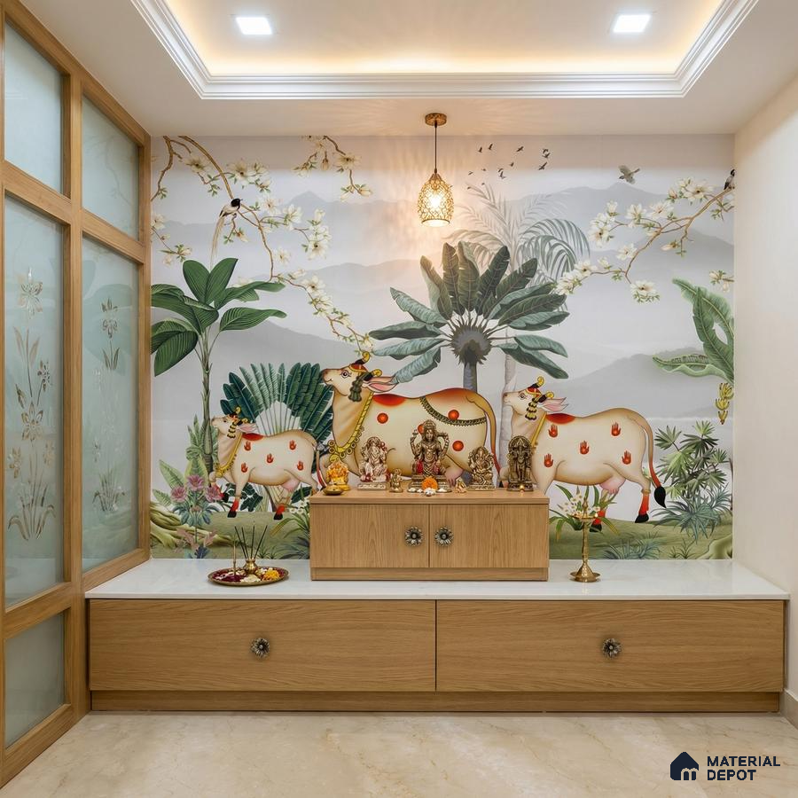 Modern pooja room with nature-themed wallpaper, light oak laminate, and white marble countertop