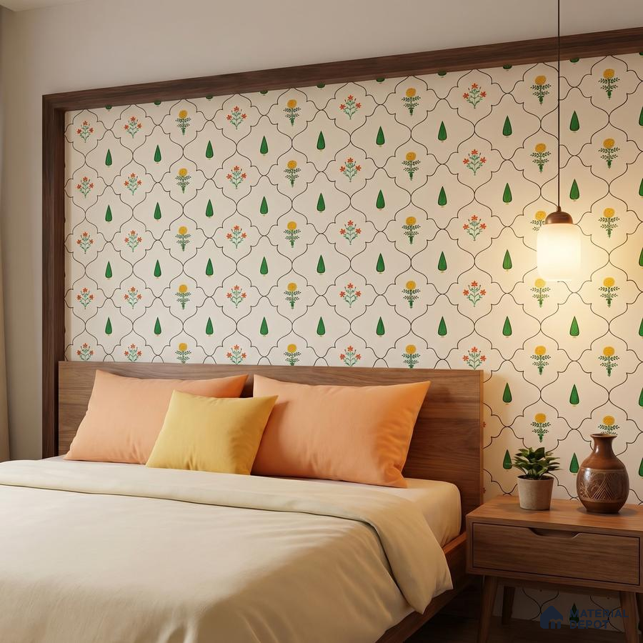 Mid-century modern bedroom with floral patterned wallpaper and walnut wood bed
