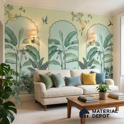 Eclectic living room with tropical wallpaper, beige sofa, and wooden coffee table