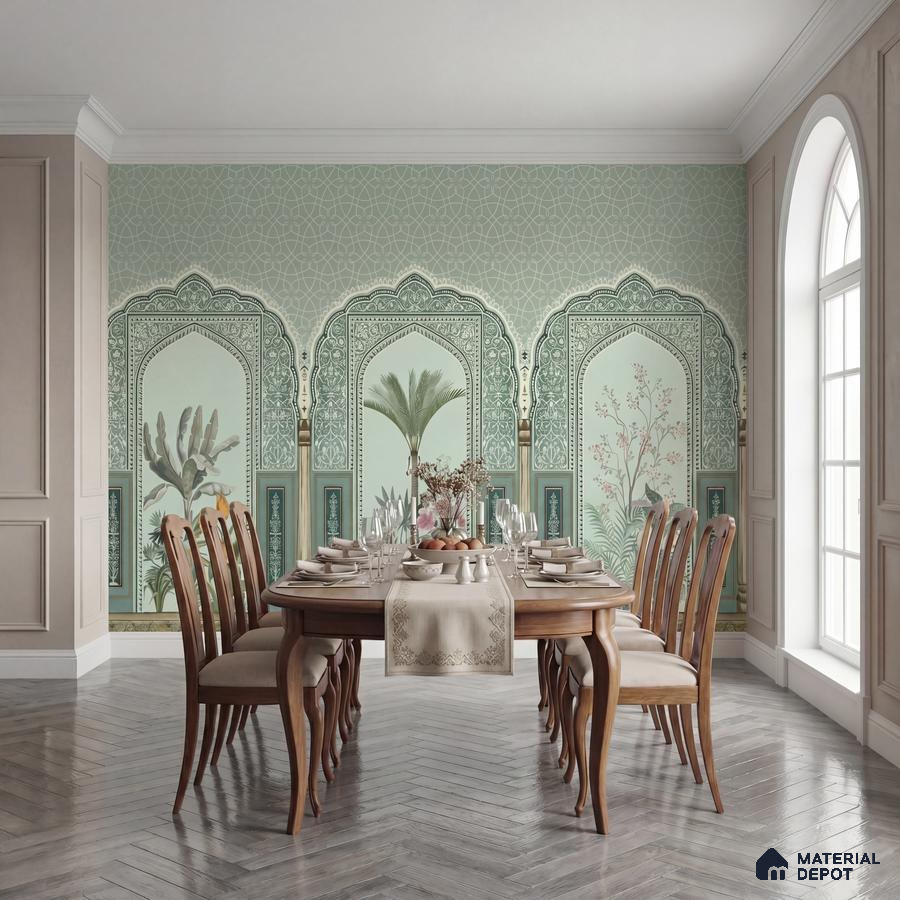 Traditional dining room with Indian patterned wallpaper and herringbone wooden flooring