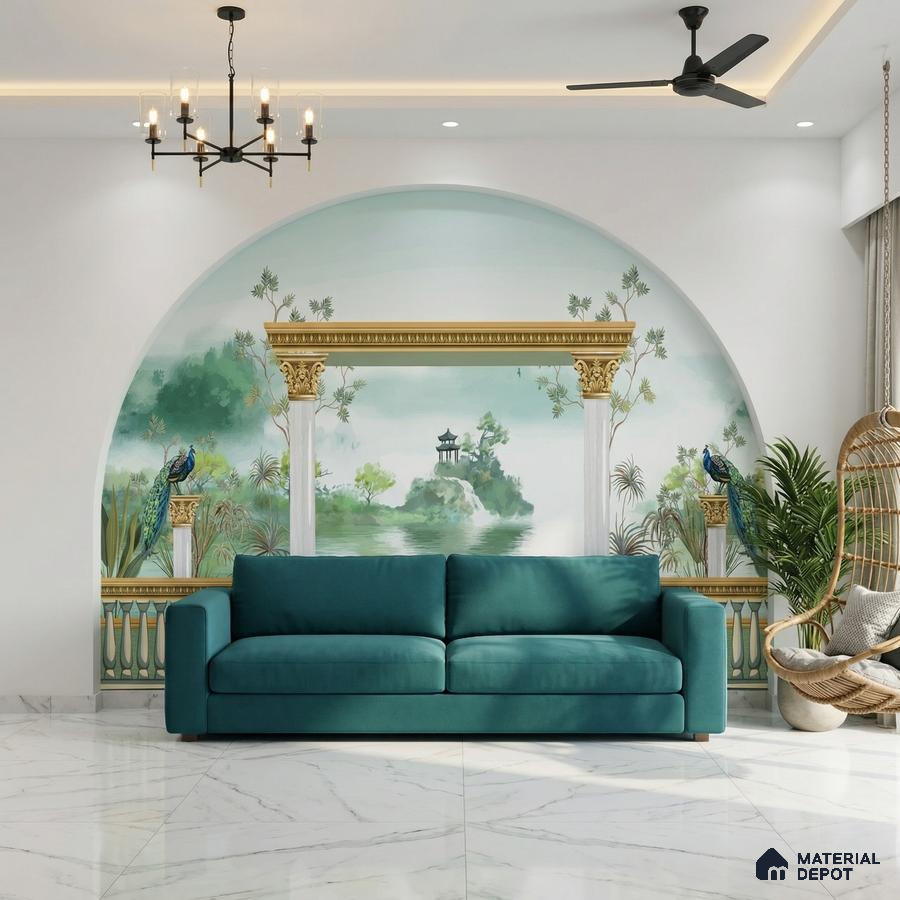Art Deco living room with chinoiserie mural wallpaper and white marble floor tiles
