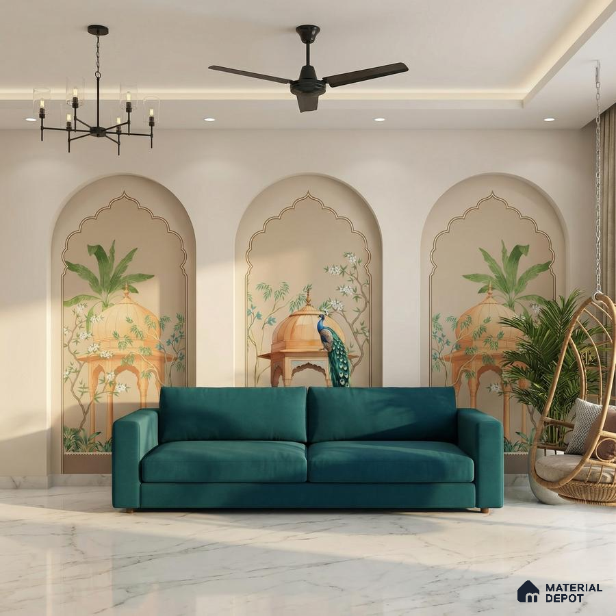 Eclectic living room with teal sofa, Indian mural wallpaper, and white marble flooring