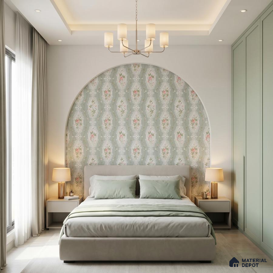 Scandinavian bedroom with pastel green wardrobe, floral patterned wallpaper, and upholstered bed