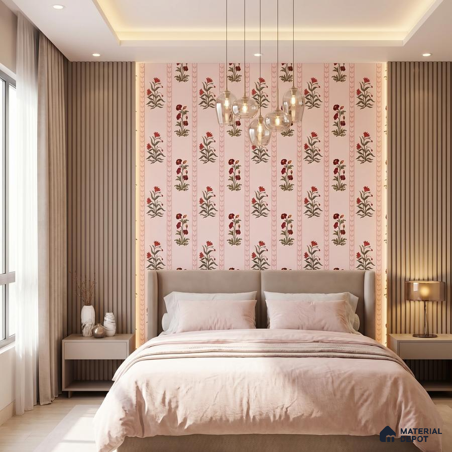 Modern bedroom with floral wallpaper, beige fluted wall panels, and soft pastel bedding
