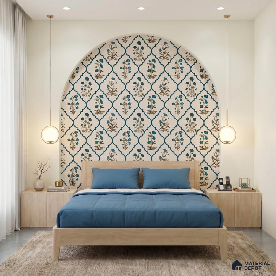 Scandinavian bedroom with floral patterned wallpaper and light oak wood bed