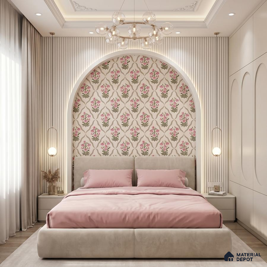 Modern bedroom with floral wallpaper, suede upholstered bed, and ivory fluted wall panels