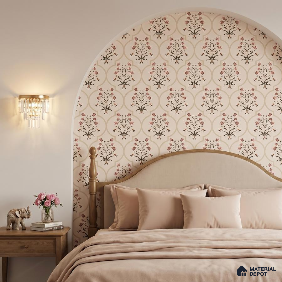 Traditional bedroom with floral patterned wallpaper and beige upholstered bed