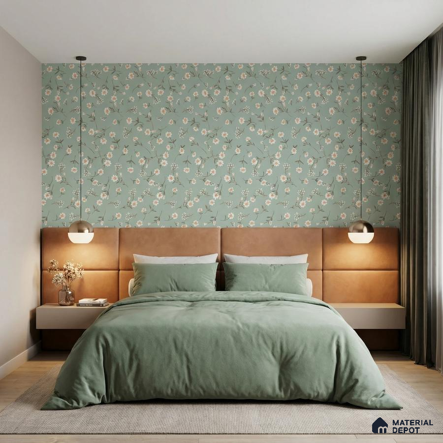 Modern bedroom with sage green floral wallpaper and tan suede upholstered headboard