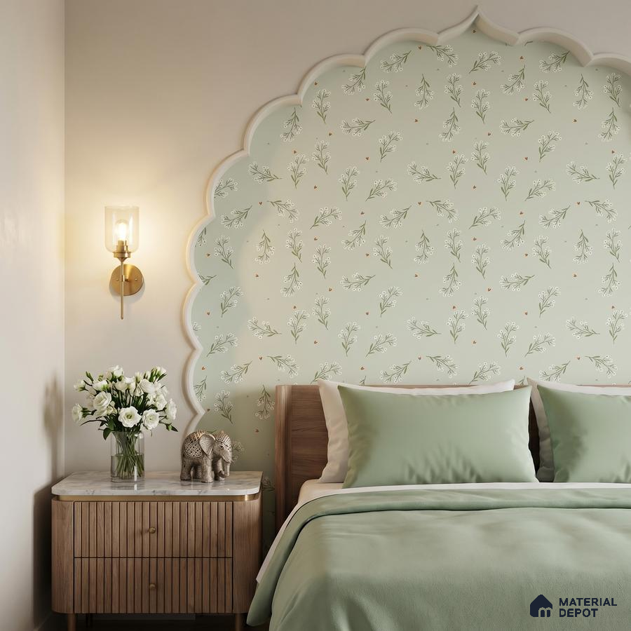Scandinavian bedroom with pastel green floral wallpaper and natural wood bedside table