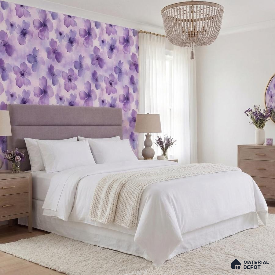 Scandinavian bedroom with purple floral wallpaper and light wood furniture
