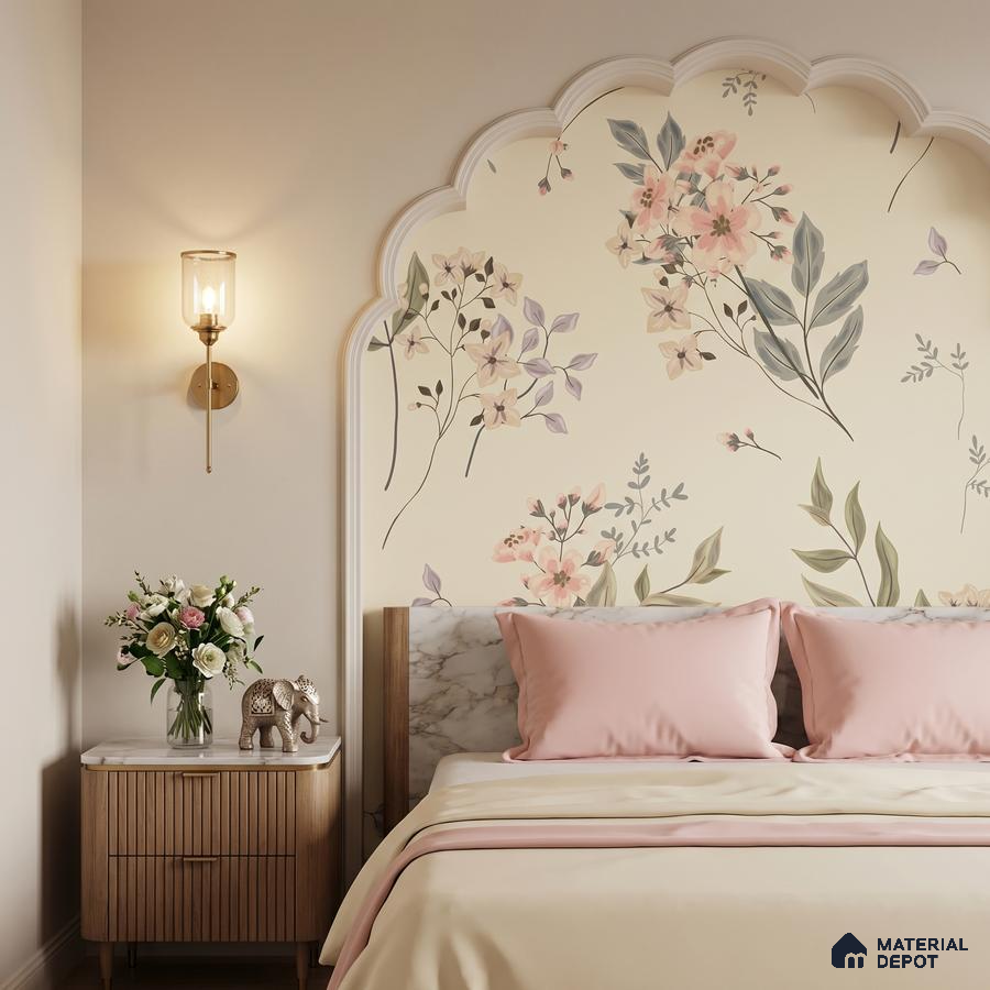 Modern bedroom with floral wallpaper, marble headboard, and pastel pink bedding