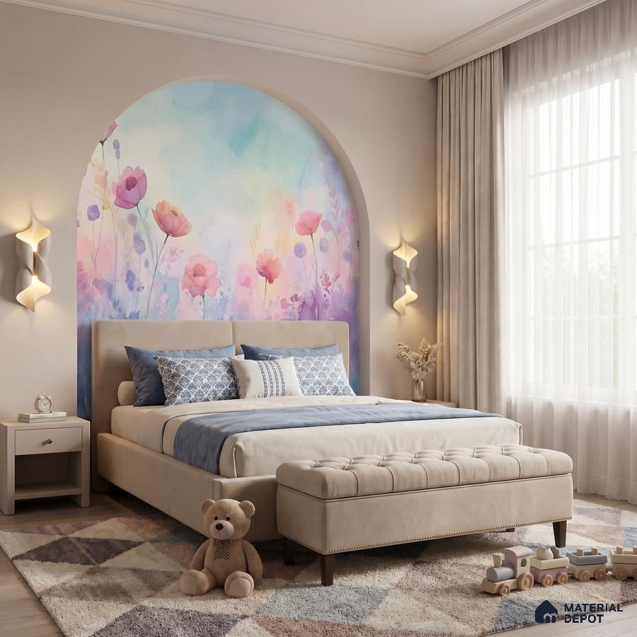 Modern bedroom with pastel floral wallpaper accent and beige upholstered bed