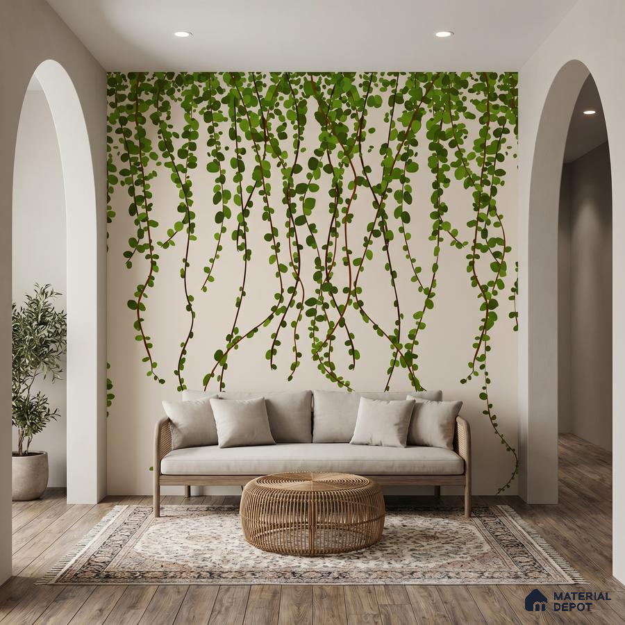 Scandinavian living room with vine patterned wallpaper and light wood flooring