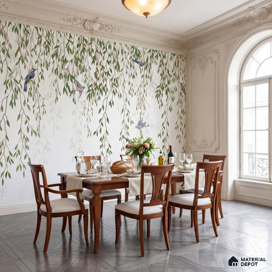 Traditional dining room with chinoiserie wallpaper and classic wood dining set on grey parquet flooring