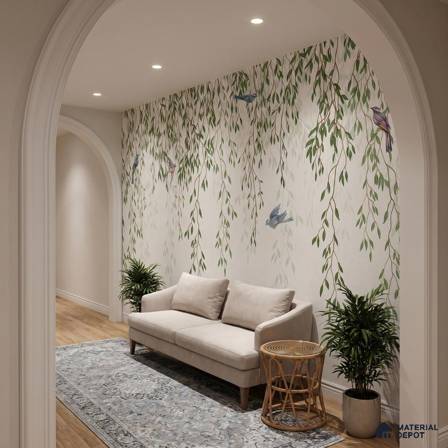 Scandinavian foyer with nature-inspired wallpaper, beige sofa, and light wood flooring