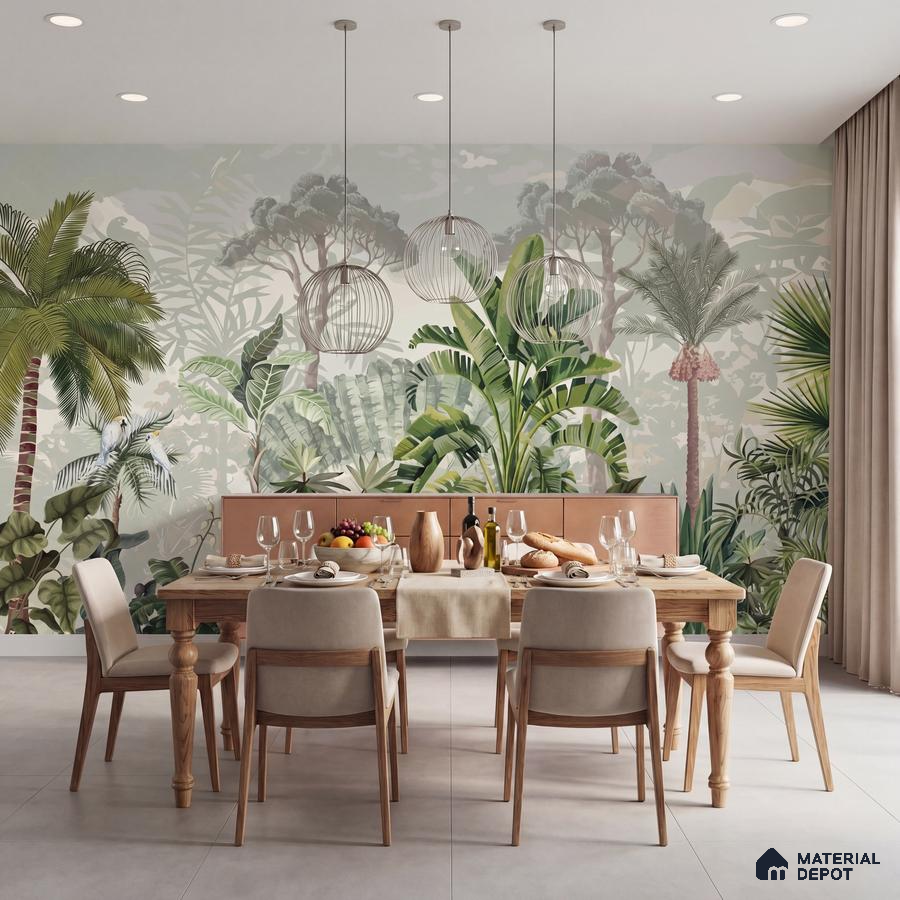 Scandinavian dining room with tropical wallpaper and light wood dining set