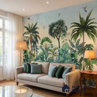 Eclectic living room with tropical wallpaper and light wood flooring