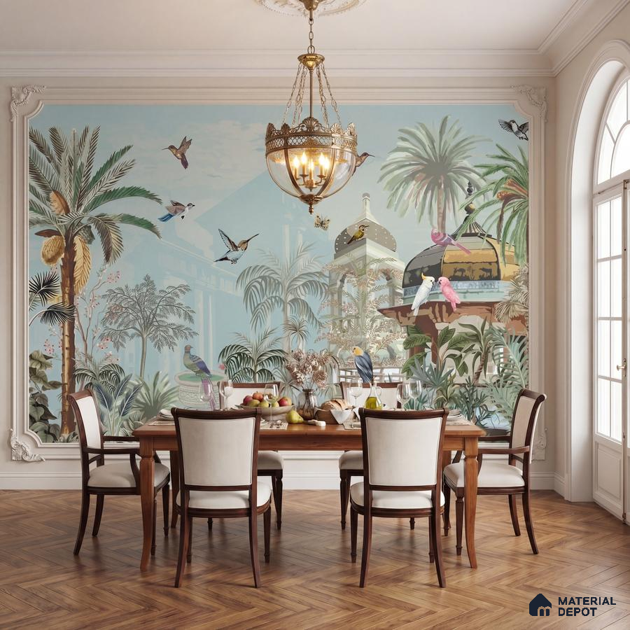 Eclectic dining room with tropical mural wallpaper and herringbone wood flooring