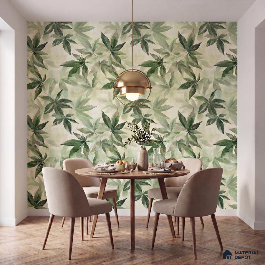 Modern dining room with tropical leaf patterned wallpaper and light wood herringbone flooring