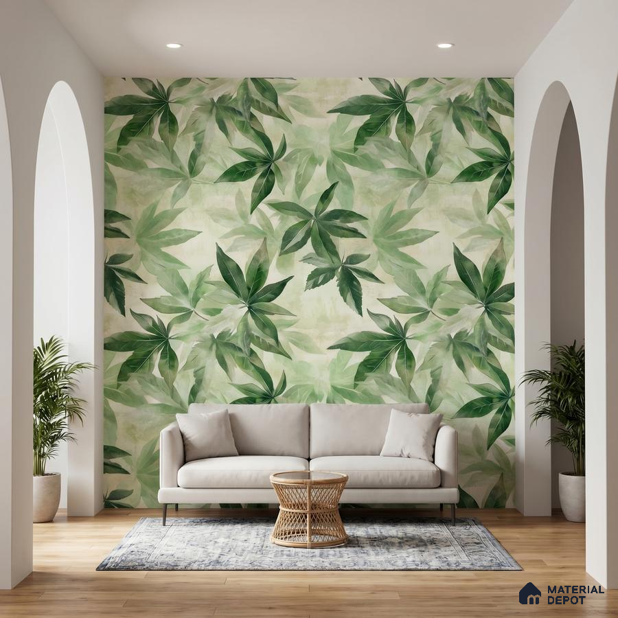 Modern living room with tropical leaf patterned wallpaper and light wood flooring