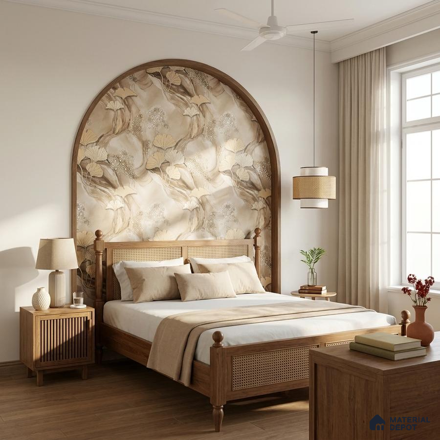 Scandinavian bedroom with floral wallpaper accent, natural wood furniture, and warm beige palette