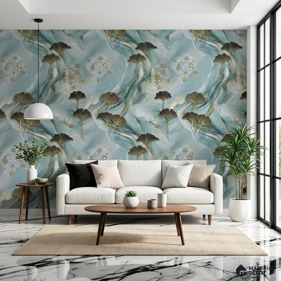 Modern living room with abstract floral wallpaper and white marble floor tile