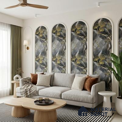 Modern living room with floral patterned wallpaper panels and light wood coffee tables