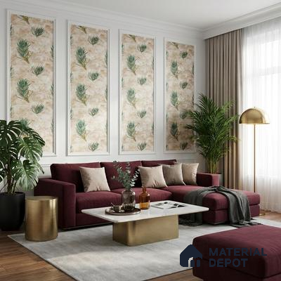 Art Deco living room with peacock feather patterned wallpaper and burgundy velvet sofa
