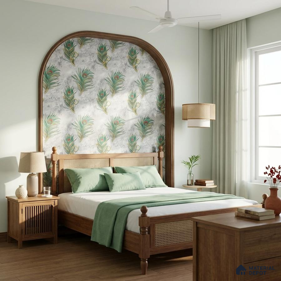 Traditional bedroom with peacock feather patterned wallpaper and natural wood furniture