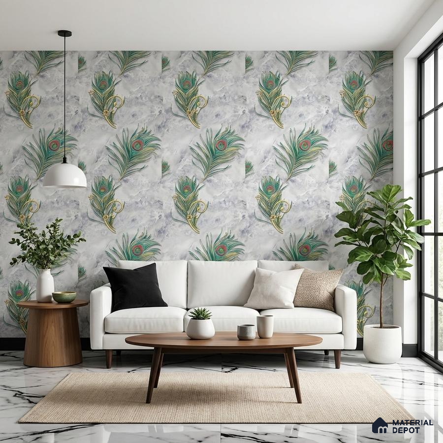Mid-century modern living room with peacock feather patterned wallpaper and marble floor tiles