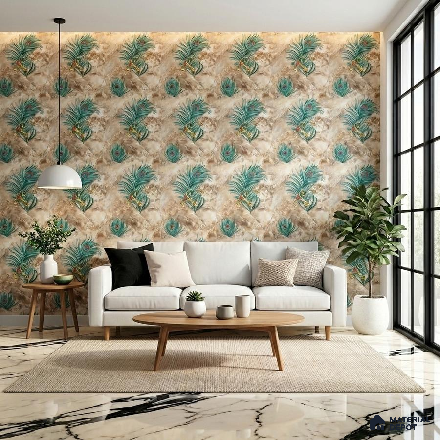 Modern living room with peacock feather patterned wallpaper and white marble floor tiles