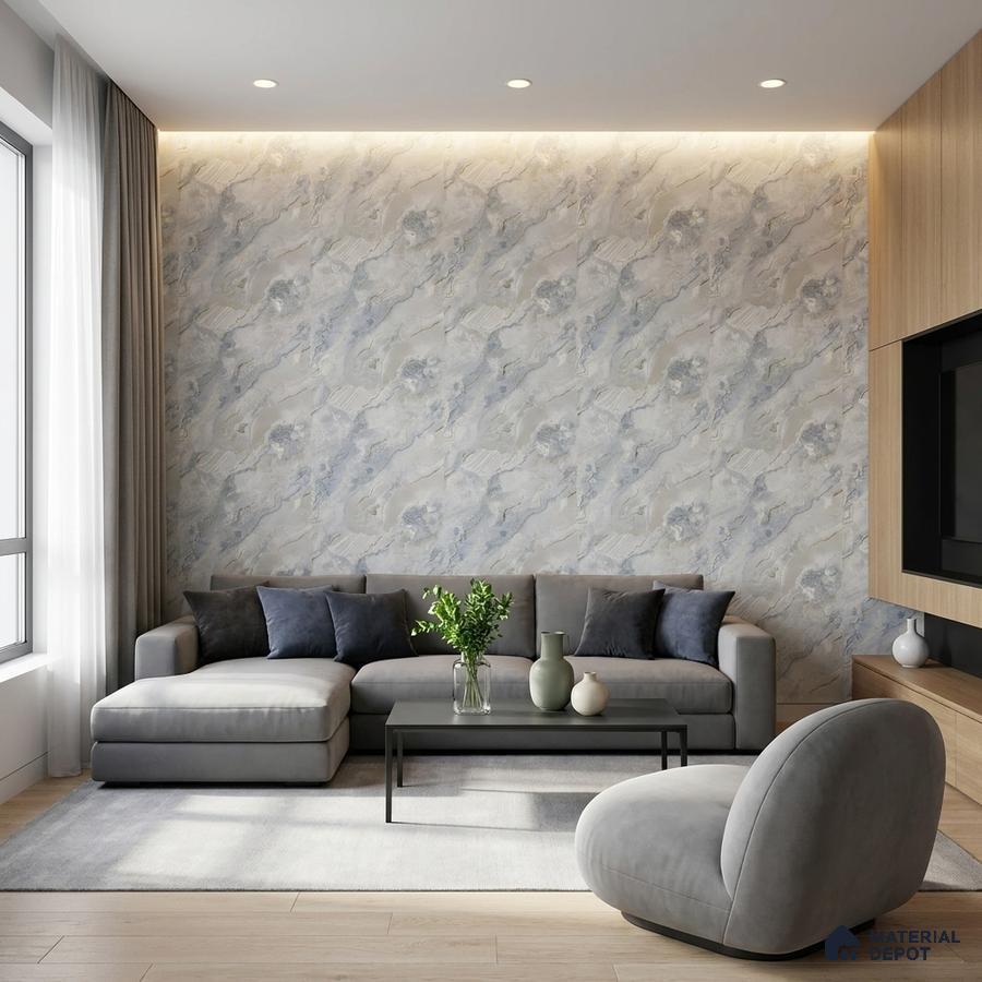 Modern living room with marble-look wallpaper accent wall and light oak laminate TV unit