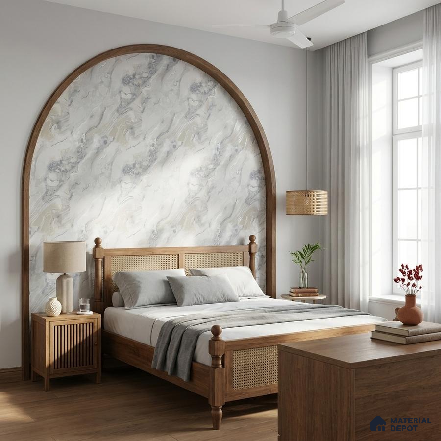 Scandinavian bedroom with marble-look wallpaper accent and natural oak wood furniture