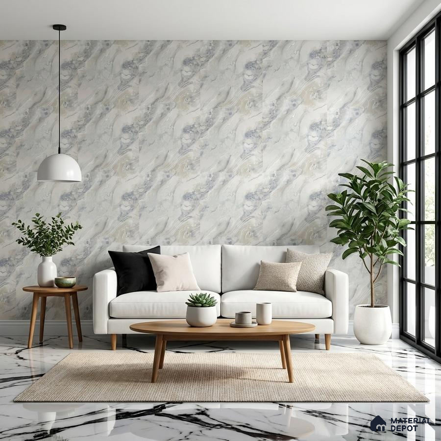 Modern living room with marble-look wall tiles and glossy white marble floor tiles