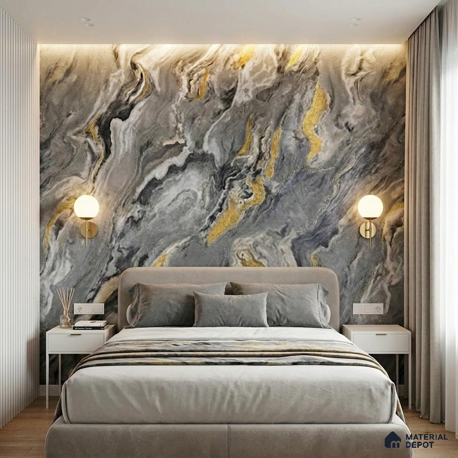 Modern bedroom with abstract marble-effect wallpaper and suede upholstered bed