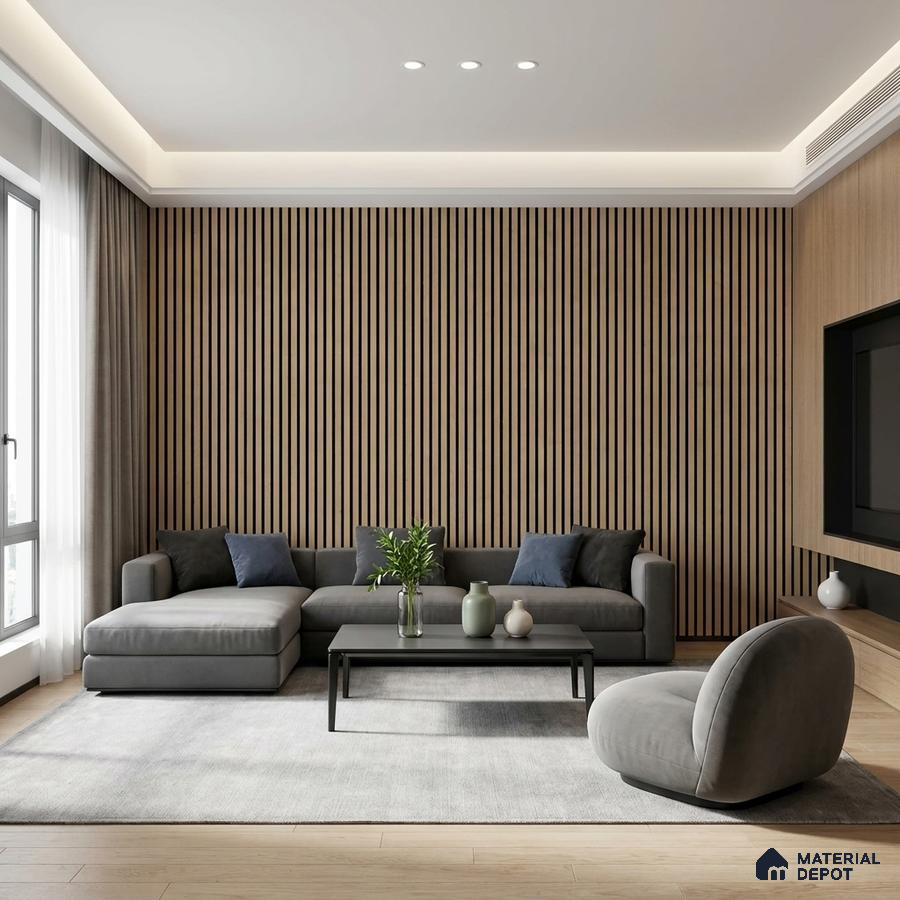 Minimalist living room with oak wood fluted wall panels and grey upholstered sofa