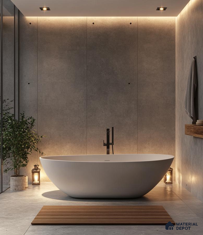 Zen Retreat: Tranquil Spa-like Bathroom with Minimalist Design and Ambient Lighting | Material Depot